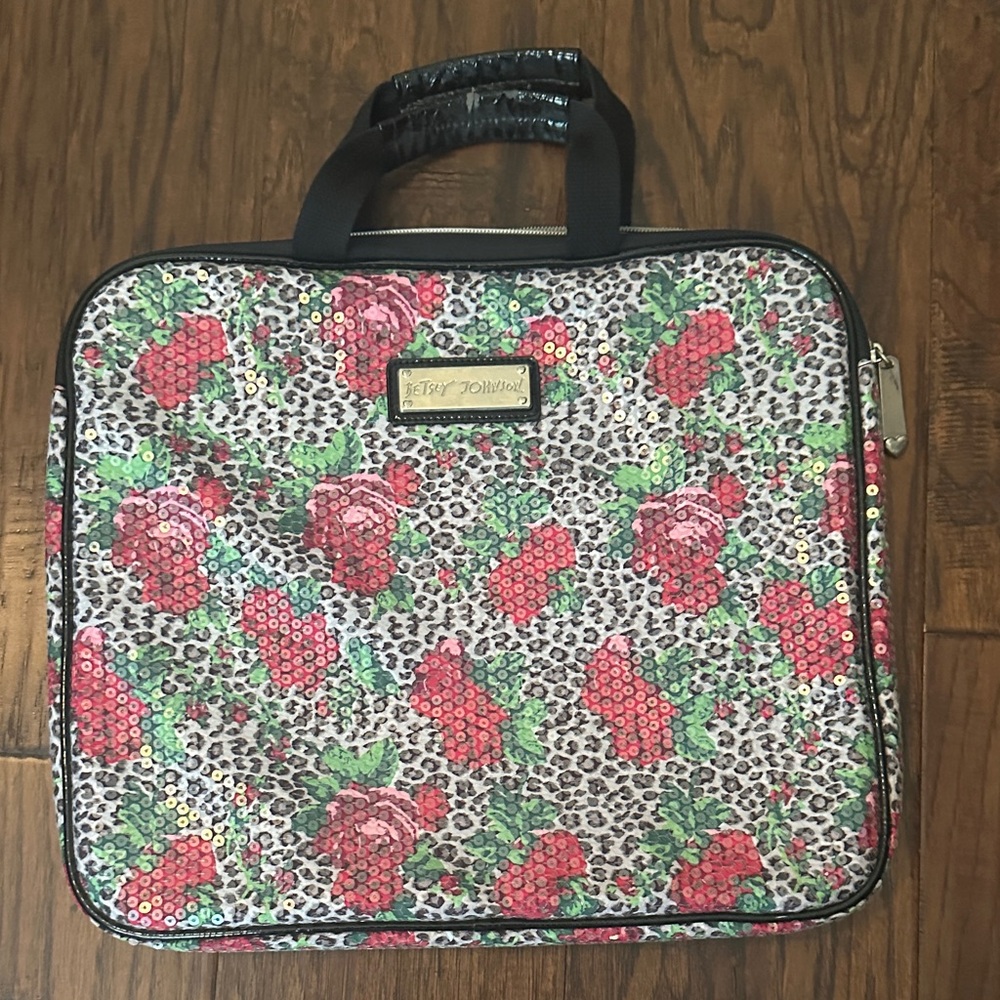Betsey Johnson Red Floral Sequin Laptop Bag with Green Accents